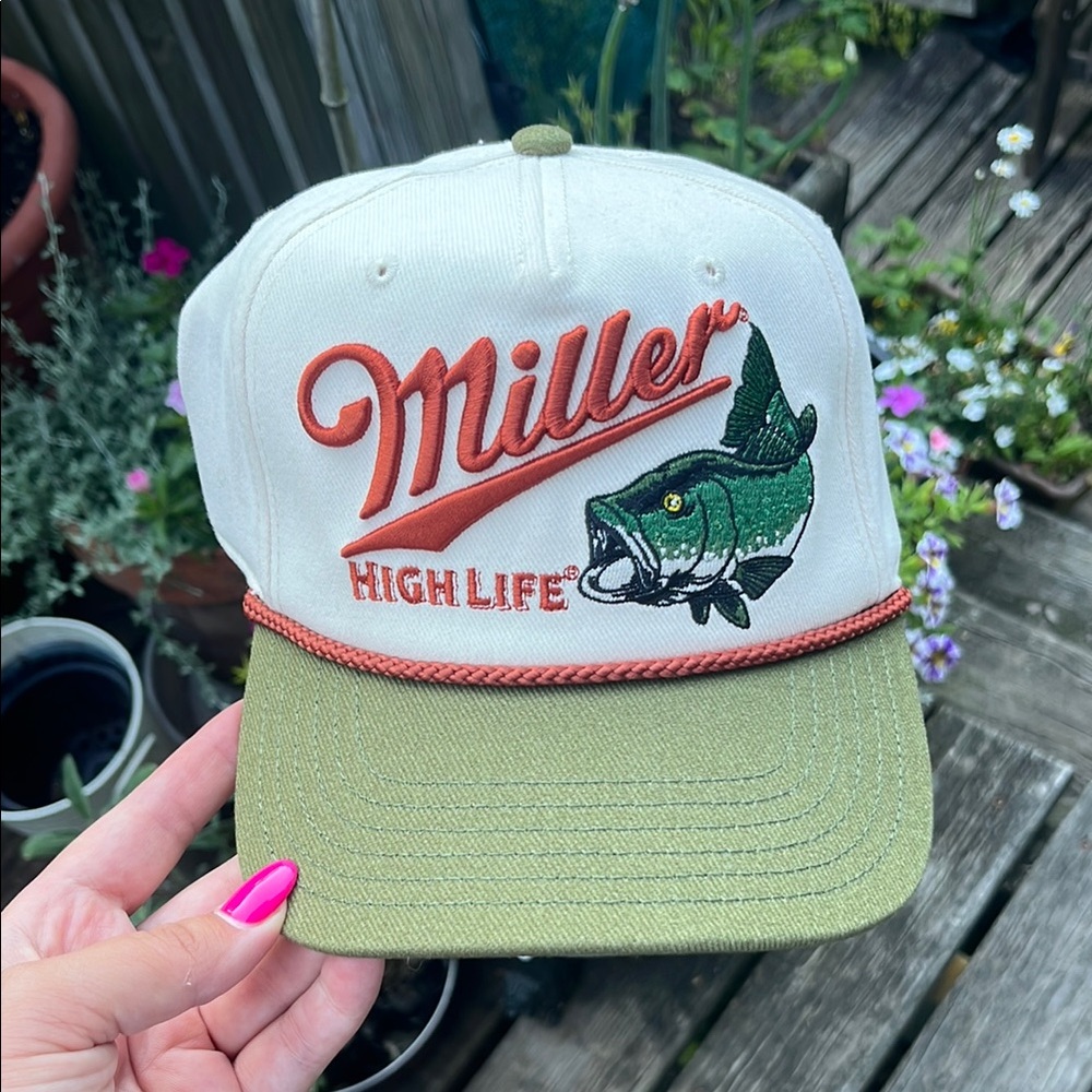 Miller High Life Embroidered Trout Trucker Hat - White & Olive